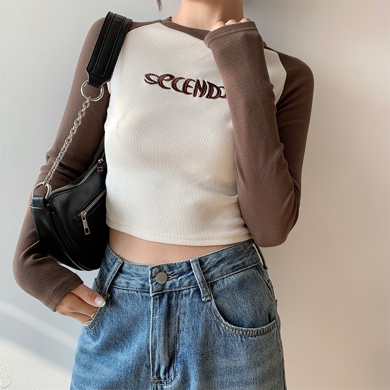 SUXI Áo Thun Tay Dài Dáng Ôm Màu Sắc Tương Phản Thời Trang Xuân Thu Quyến Rũ Cho Nữ