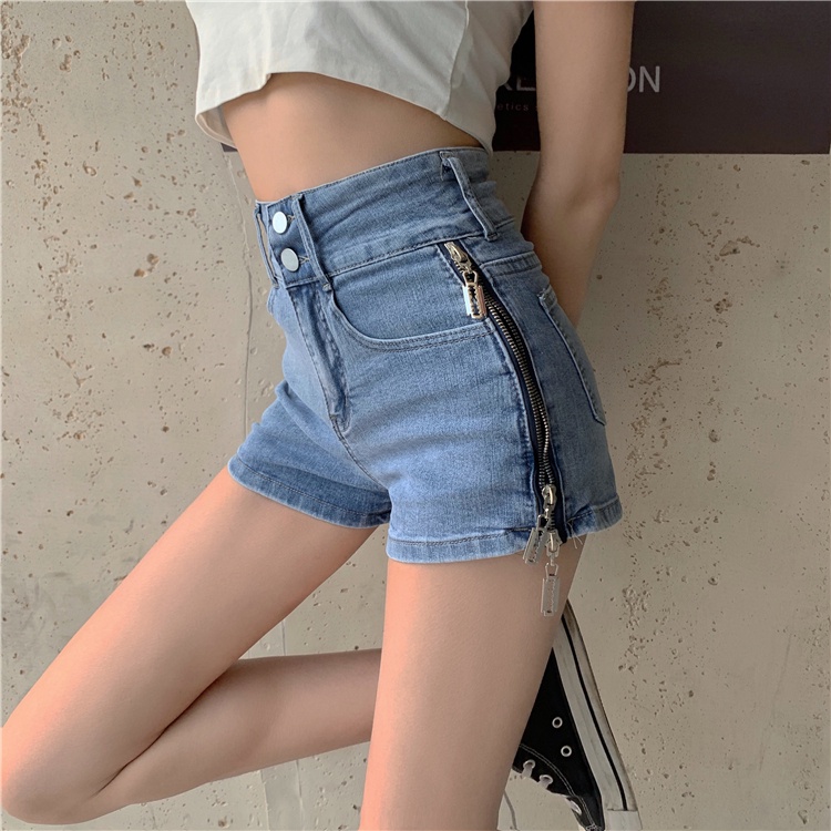 DUNEA Quần Đùi Denim Lưng Cao Phối Khóa Kéo Phong Cách Đường Phố Cho Nữ