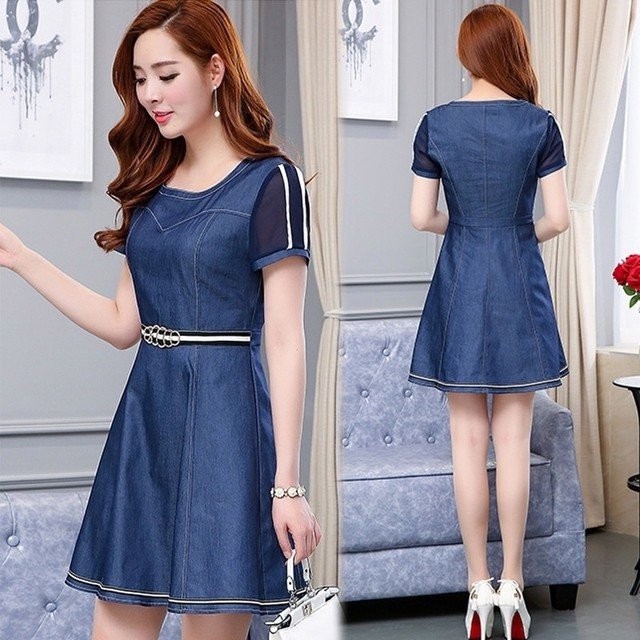 ĐẦM JEAN XÒE TAY LƯỚI PHỐI NỊT EO SỌC SANG TRỌNG