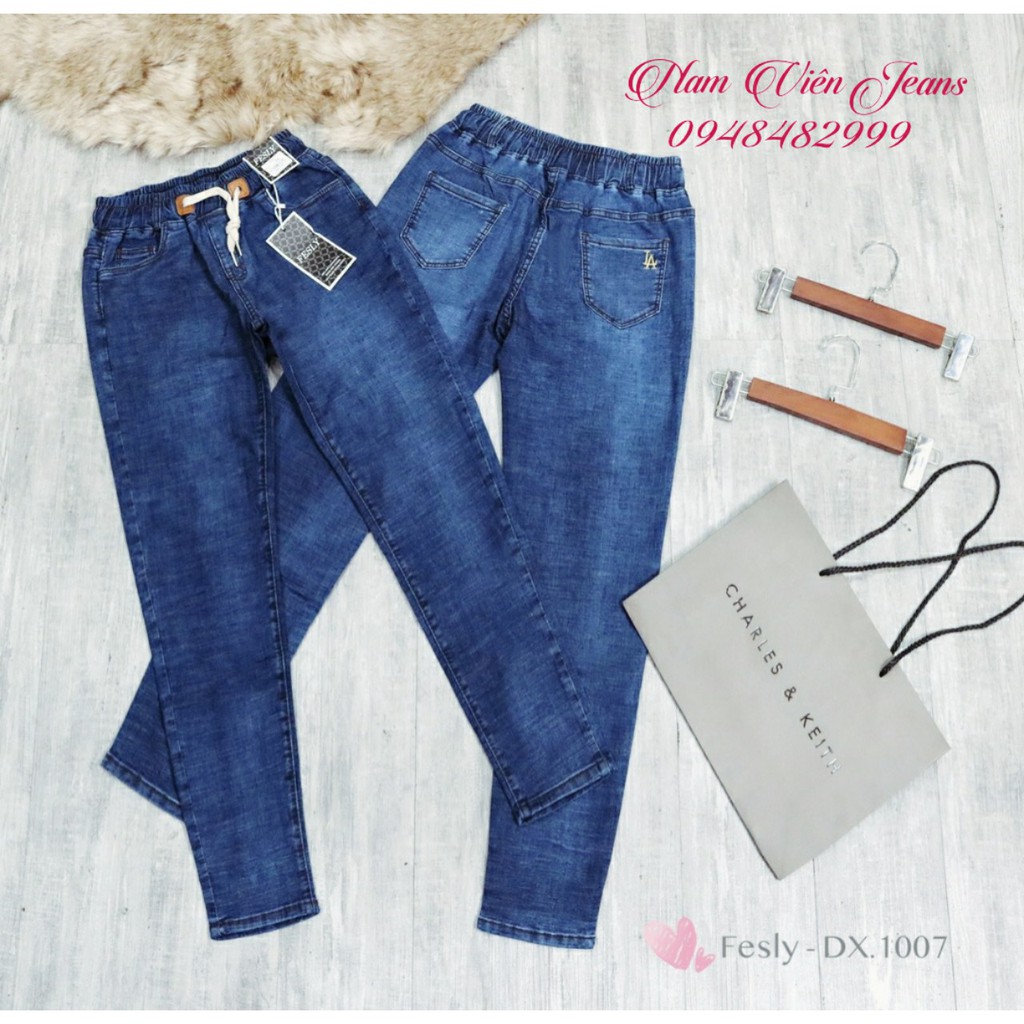 Quần Jeans Nữ Thêu Túi Lưng Cao Cạp Chun