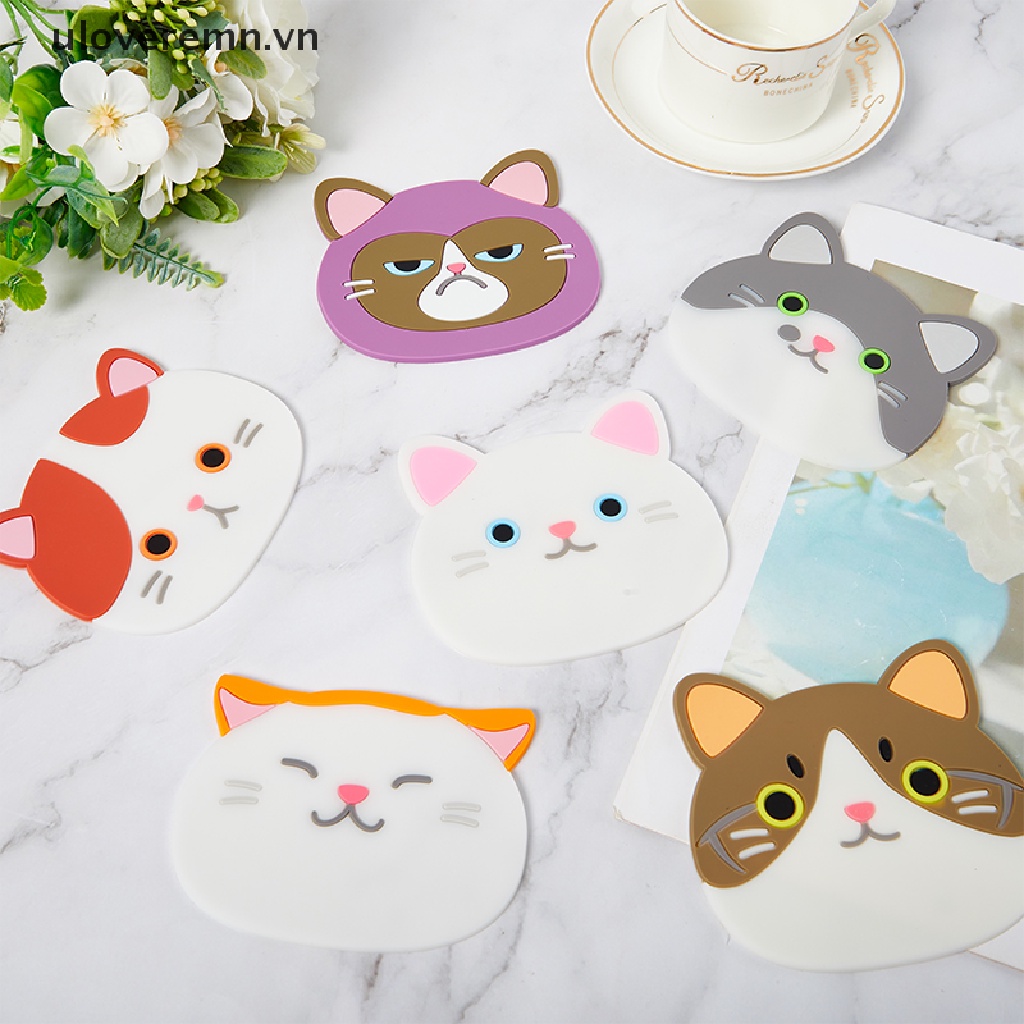Uloveremn Miếng Lót Cốc Trà Cà Phê Cách Nhiệt Chống Trượt Hình Mèo Hoạt Hình Bằng Silicone Dành Cho Nhà Bếp