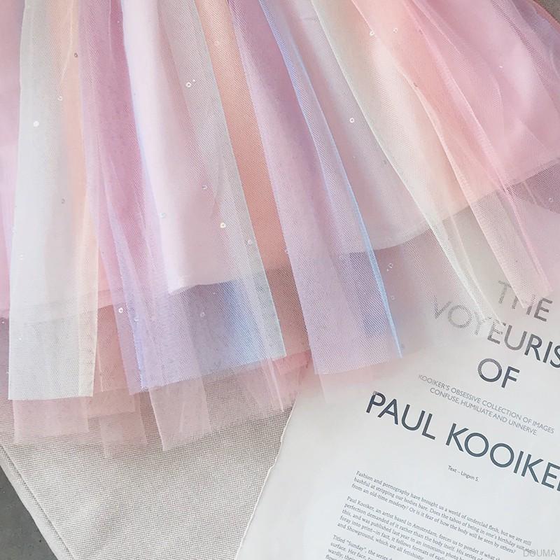 Đầm Xòe Công Chúa Phối Lưới Màu Cầu Vồng Thiết Kế Xinh Xắn Cho Bé Gái