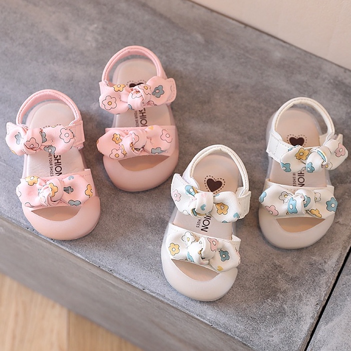 Dép sandal bé gái thời trang tập đi 0-3 tuổi đính nơ quai dán ngang chống trơn chống vấp cho bé