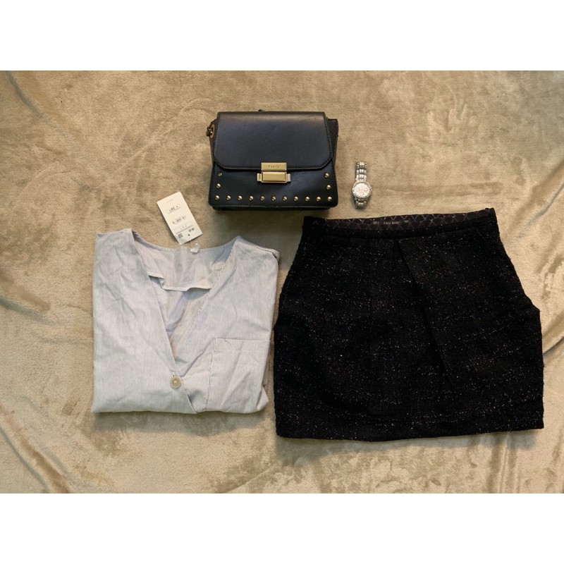 áo sơ mi kẻ + chân váy dạ tweed