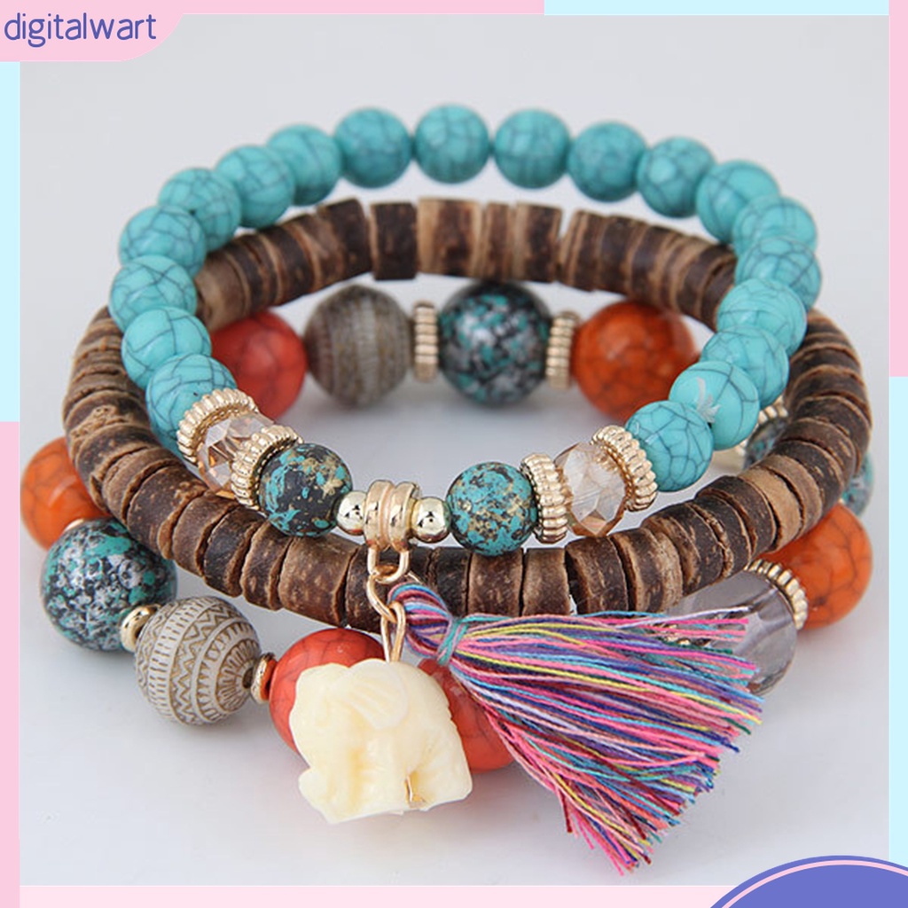 Set 3 Vòng Tay Chuỗi Hạt Nhựa Nhiều Lớp Phong Cách Bohemia Cho Nữ