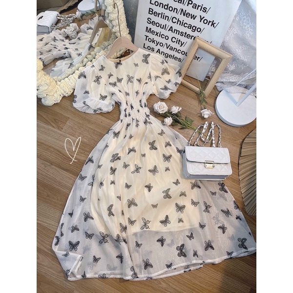 ĐẦM MIDI HOẠ TIẾT TAY BỒNG BO EO