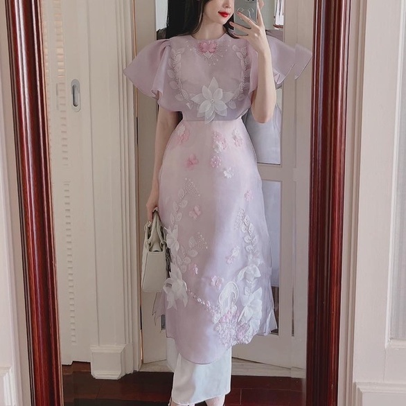 Áo Dài Cách Tân Thiết Kế Đính Hoa Tay Cánh Tiên 4 Tà , A12