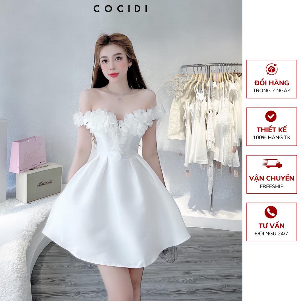 Đầm dự tiệc chất liệu Tafta màu TRẮNG/HỒNG/ĐEN, Váy trễ vai thiết kế đính kết hoa tỉ mỉ dáng váy bồng xòe sang trọng