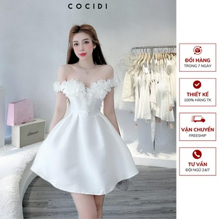 Đầm dự tiệc chất liệu Tafta màu TRẮNG/HỒNG/ĐEN, Váy trễ vai thiết kế đính kết hoa tỉ mỉ dáng váy bồng xòe sang trọng