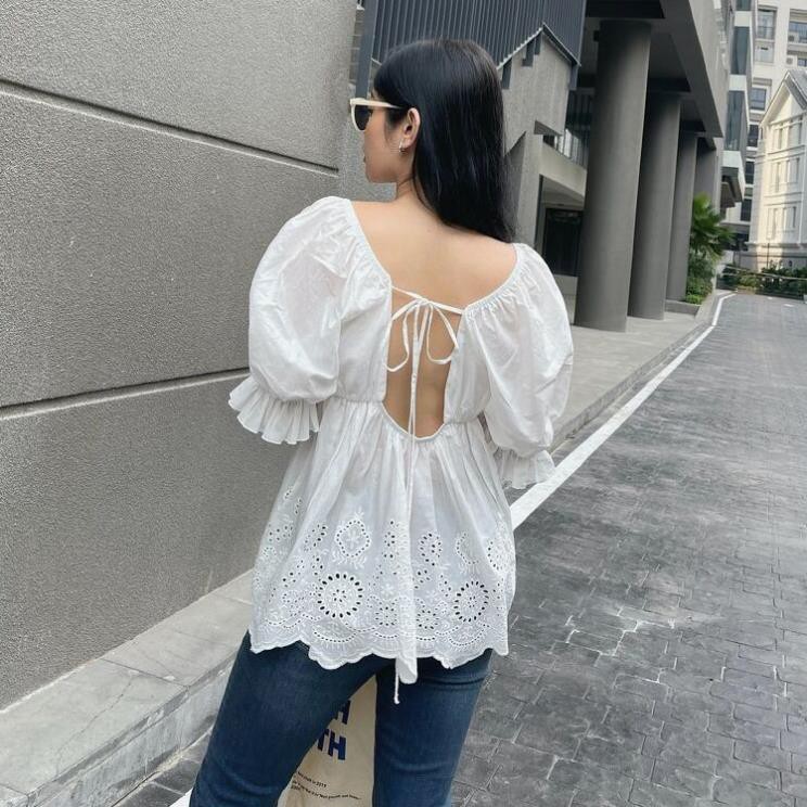 Áo babydoll MIEU xô thêu khoét lưng - HMR01 (FS Trắng) 😘