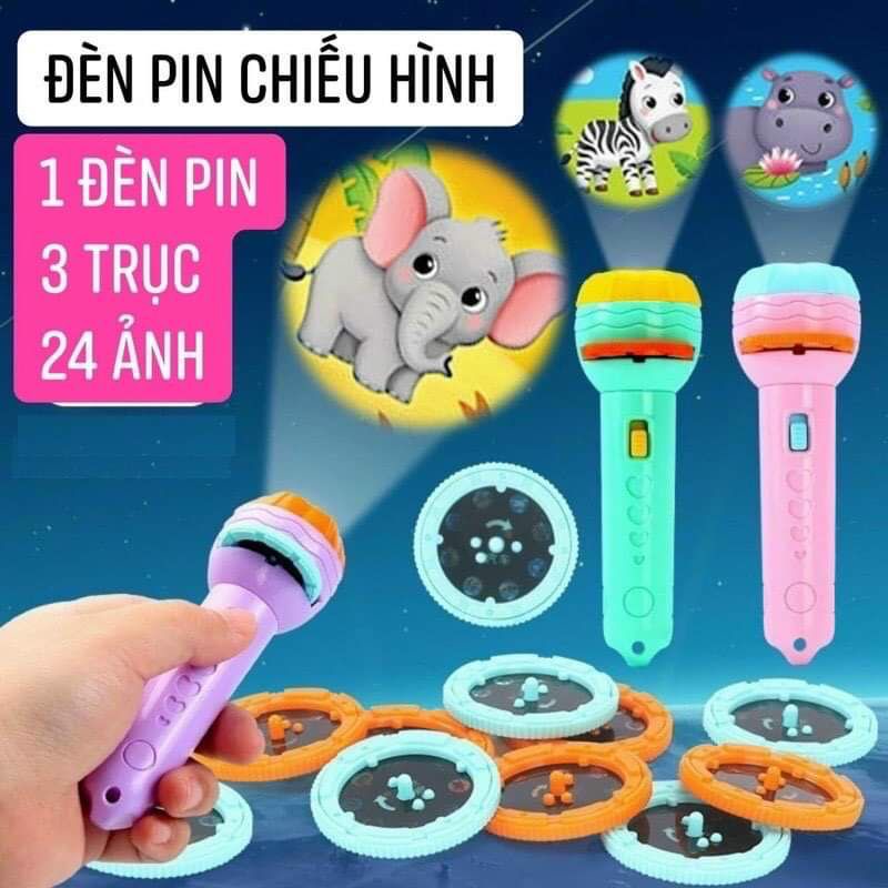 Đèn pin chiếu hình cho bé 24 hình động vật nhân vật hoạt hình , đồ chơi đèn bin kể chuyện phát triển trí tuệ