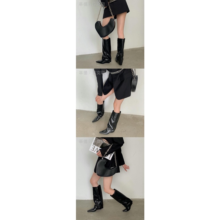 Giày bốt cổ cao tới gối mũi nhọn đế nêm gót trung bình phối xếp ly phong cách 2021 cho nữ | BigBuy360 - bigbuy360.vn