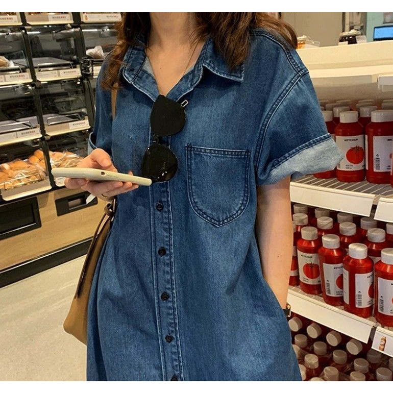 Đầm denim tay ngắn thời trang mùa hè thoải mái dành cho nữ