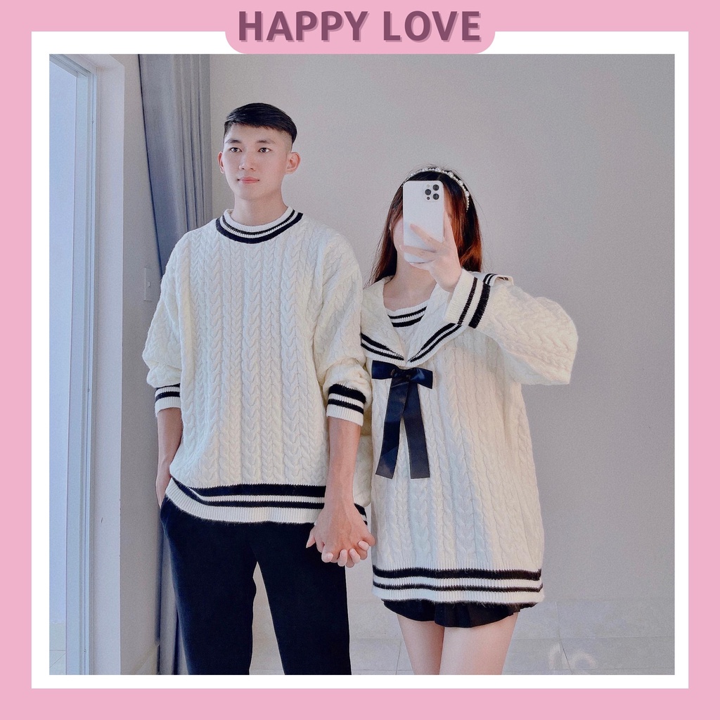 Đồ đôi Couple Áo Len Cặp đôi Nam nữ màu Trắng vặn thừng Thuỷ Thủ chất len dày dặn Quảng Châu cao cấp HAPPYLOVE H012