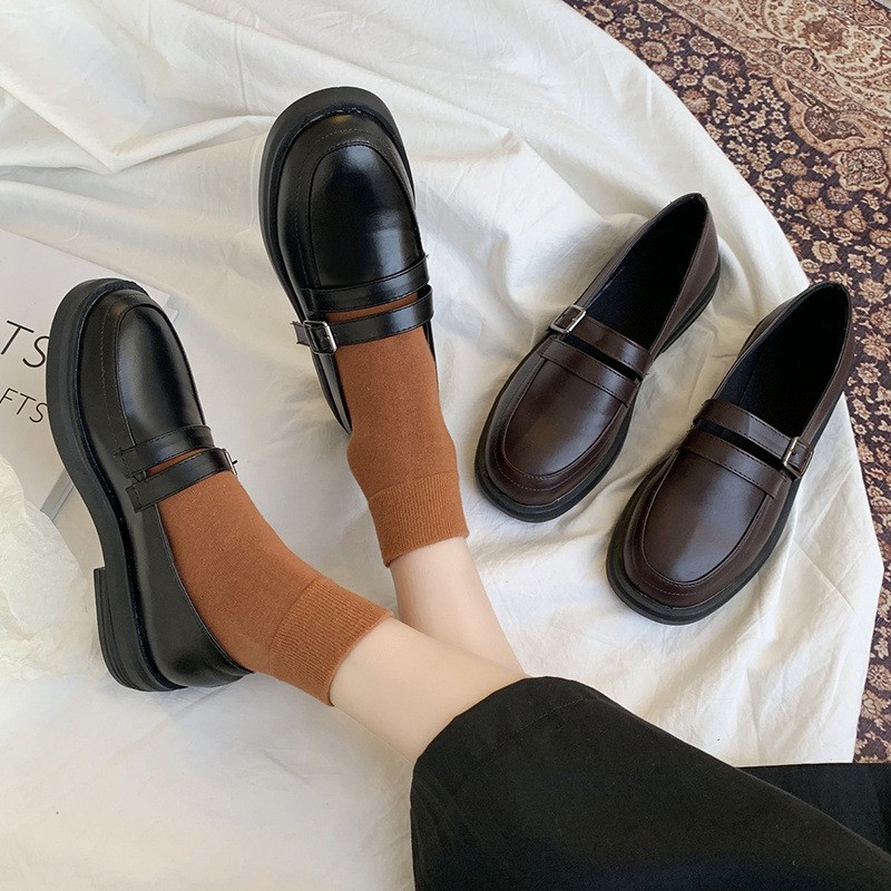 Giày da mềm moka thời trang phong cách ulzzang Hàn Quốc xinh xắn cho nữ 2 màu Nâu + Đen - Mã G48