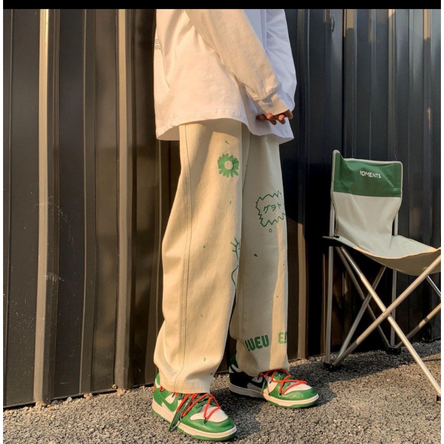 Quần Dài Nam Nữ Unisex Dáng Rộng Ống Đứng Phối Họa Tiết Thời Trang GoPi Hoạt Hình Hai Màu Đen Trắng Chất Nỉ