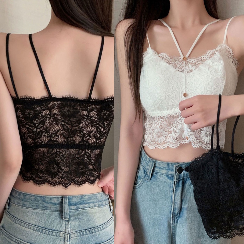 Youyo Áo Tank Top Hai Dây Phối Ren Có Đệm Ngực Tháo Rời Được Thời Trang Mùa Hè Cho Nữ