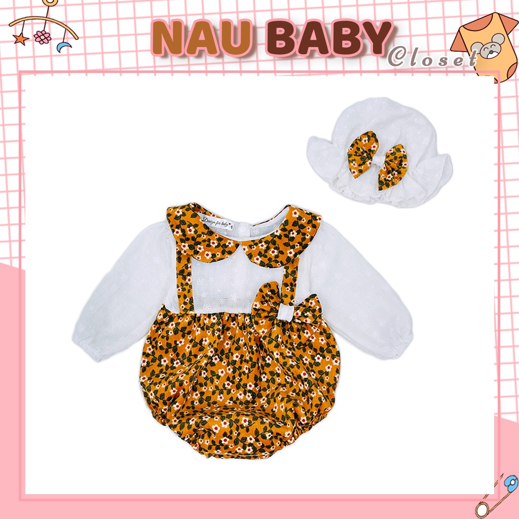 Body yếm cho bé gái dài tay Size 3 đến 13kg Chất thô boil phối cà bông kèm mũ