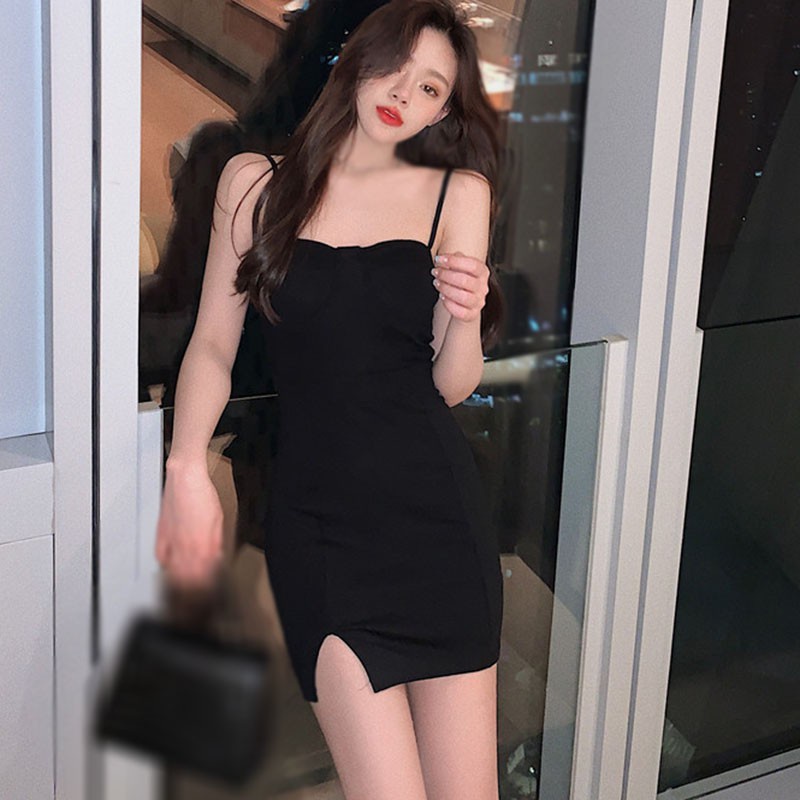 Đầm hai dây màu trơn thiết kế xẻ tà thời trang quyến rũ cho nữ