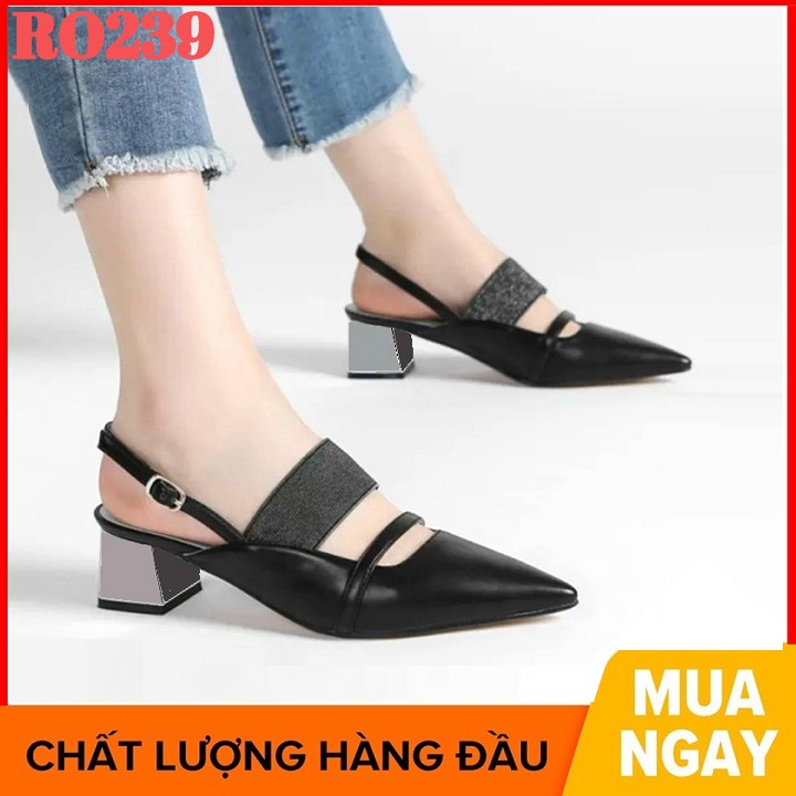 Giày cao gót nữ đẹp đế vuông 5 phân hàng hiệu rosata màu đen vàng ro239
