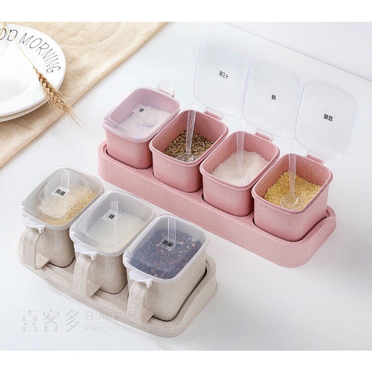 Khay 3-4 hũ/ hộp đựng gia vị bằng lúa mạch | BigBuy360 - bigbuy360.vn