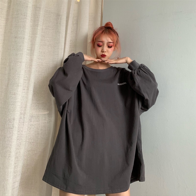Áo thun SUXI tay dài dáng rộng dài màu trơn phong cách Hàn Quốc thời trang dành cho nữ với nhiều màu tùy chọn