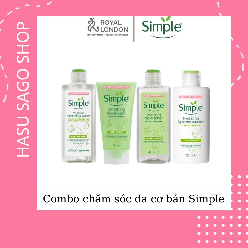 Combo Chăm Da Cơ Bản SIMPLE Nước Tẩy Trang 200ml + Sữa Rửa Mặt 150ml + Toner 200ml + Sữa dưỡng 125ml