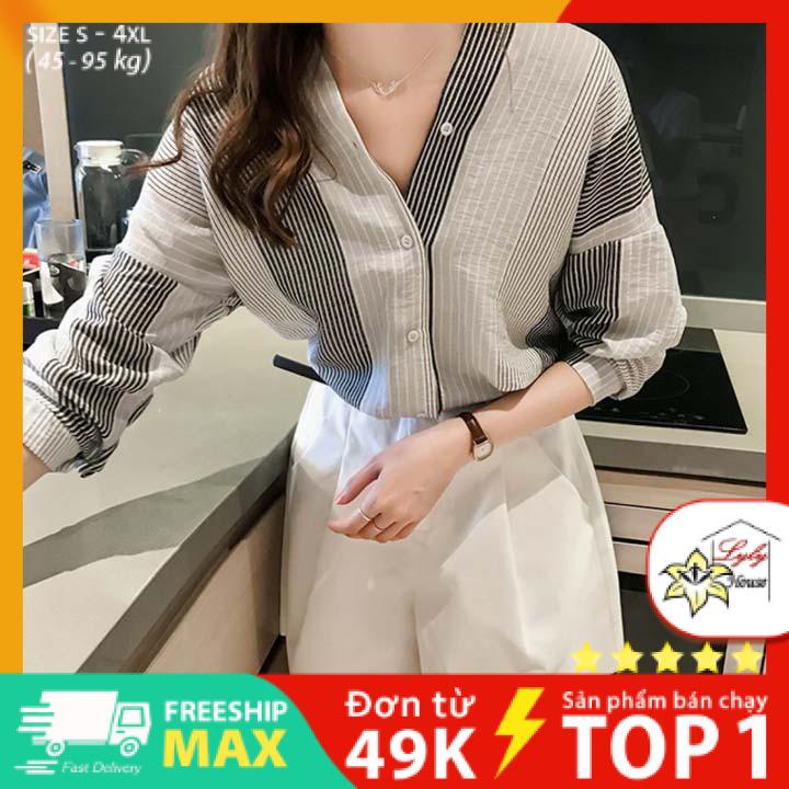 Áo sơ mi nữ công sở đẹp tay dài form rộng họa tiết sọc có size 45 - 95kg