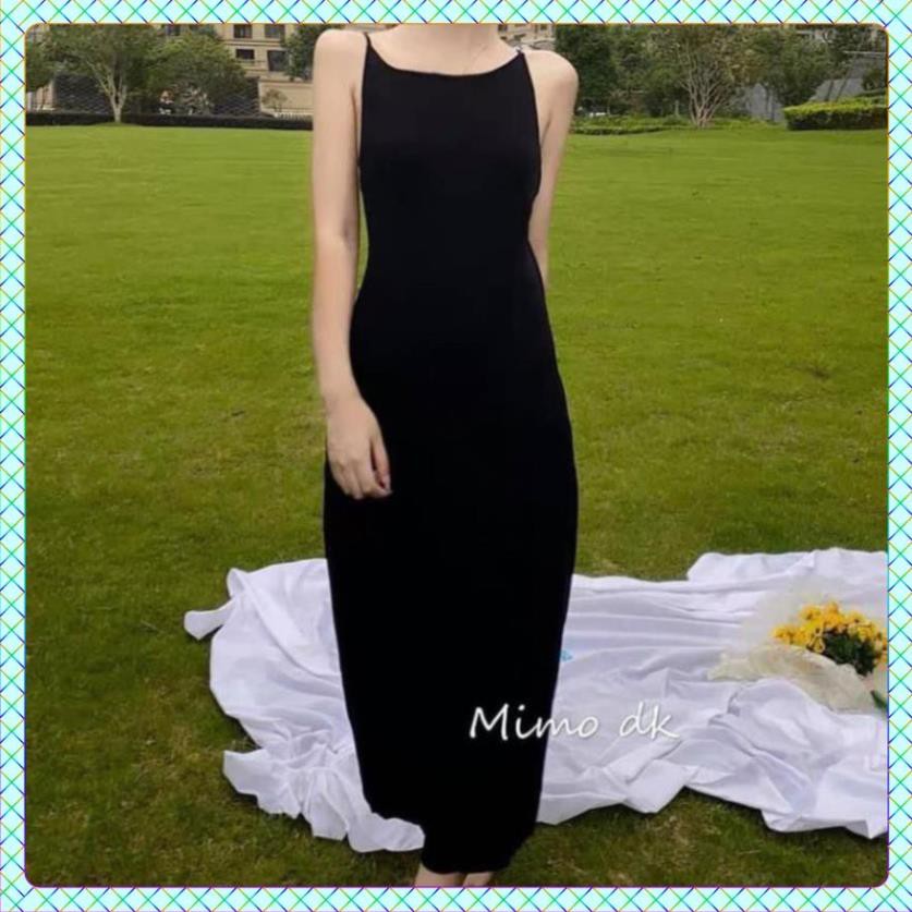 Đầm Hai Dây Hở Lưng Nữ Váy midi 2s body dáng ôm màu đen trơn thiết kế sexy Ulzzang HOT