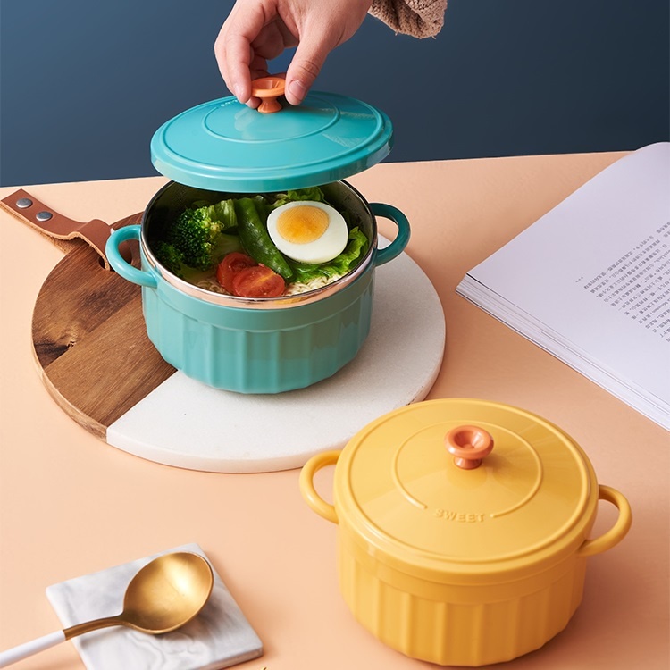 Bát úp mì, Bát ăn mì tôm inox 2 lớp cách nhiệt hình chiếc nồi có nắp đậy