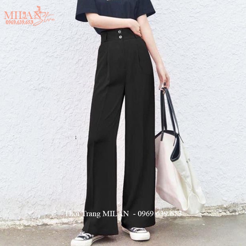 Quần ống rộng nữ 2 khuy lưng cao cạp 7cm dài 100 mặc đi học công sở hẹn hò cá tính