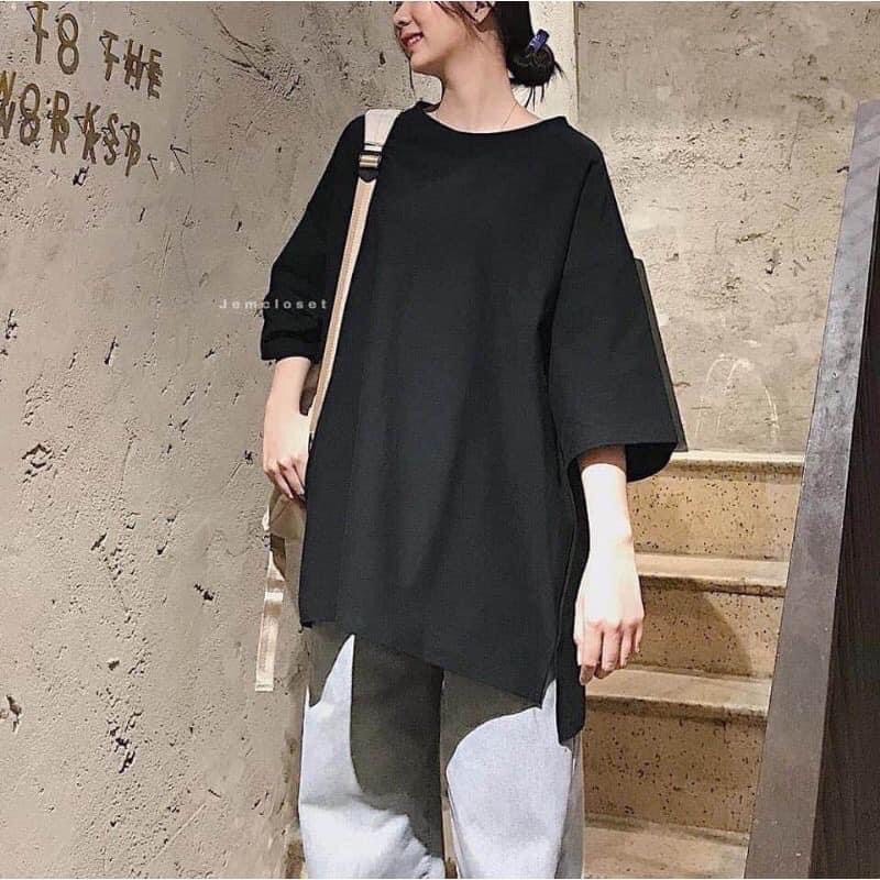 Áo thun cotton tay lỡ dáng rộng cổ tròn unisex trơn