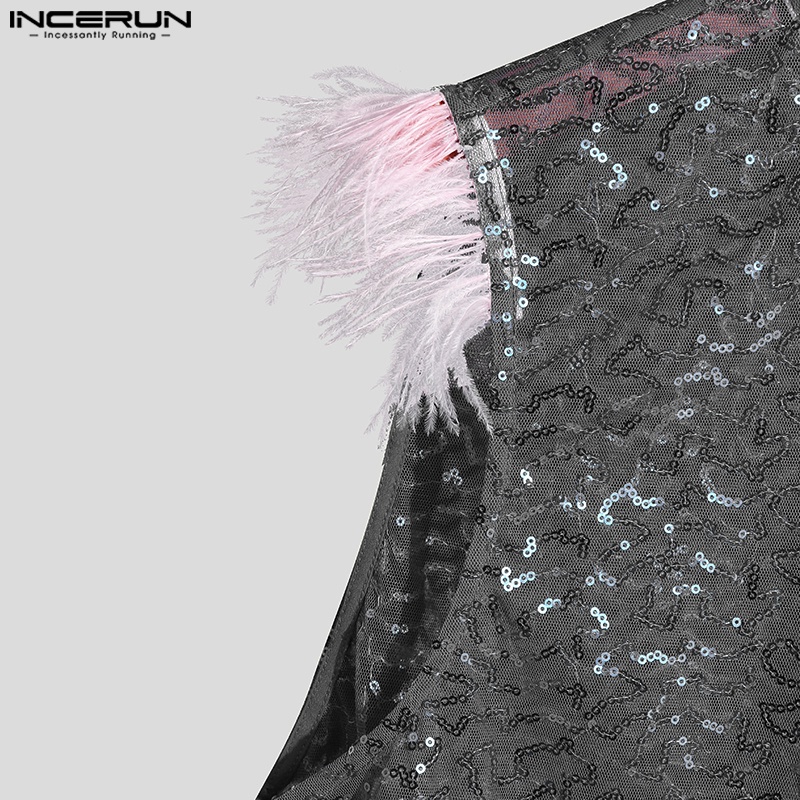 INCERUN Áo Croptop Sát Nách Đính Kim Sa Lấp Lánh Xuyên Thấu Thời Trang Dự Tiệc Cho Nam