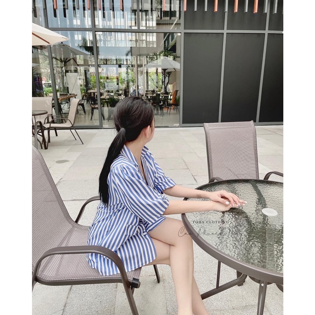 Set bộ sơ mi đùi kẻ vest xanh siêu cá tính đồ bộ nữ cá tính TH592