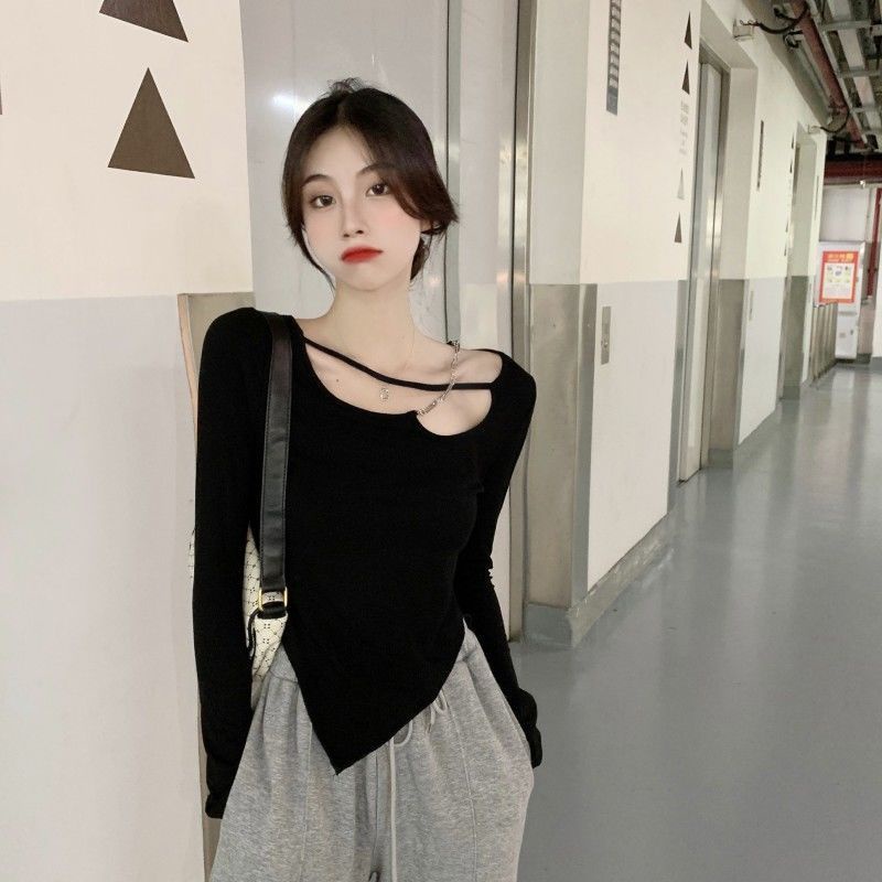 Jiashucheng Áo Thun Mỏng Tay Dài Phối Dây Xích Thiết Kế Khoét Rỗng Thời Trang Cho Nữ