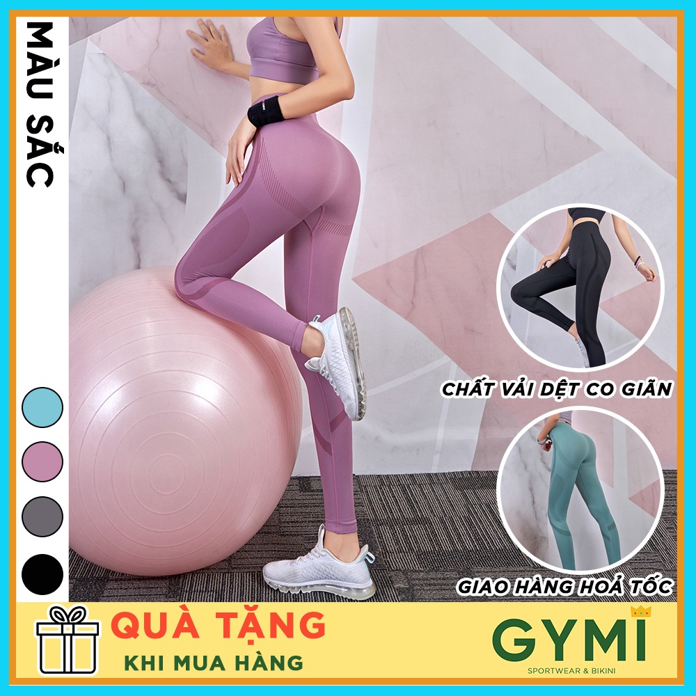 Quần tập gym nữ GYMI QD14 dáng legging chất dệt kim co giãn cạp cao nâng mông thể thao kèm hoạ tiết vân chìm