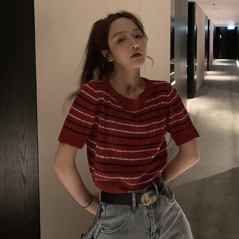 Áo thun dệt kim tay ngắn cổ tròn phong cách Hàn Quốc | BigBuy360 - bigbuy360.vn