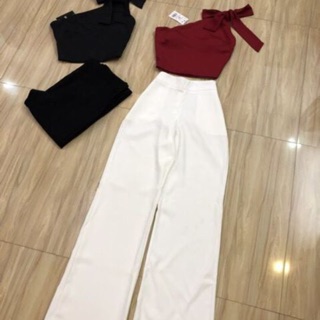 Áo lệch vai nơ quần ống rộng