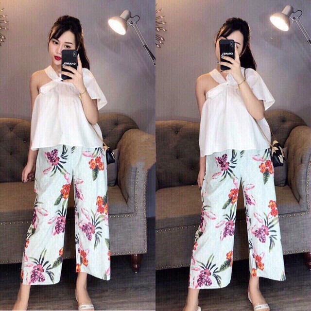 Set quần hoa +áo trắng nơ cách điệu