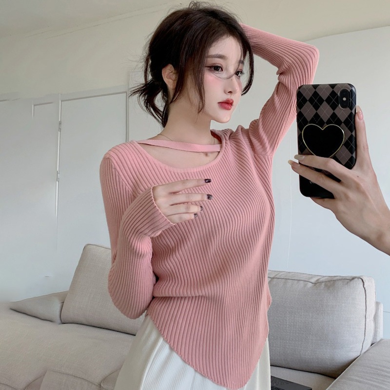 Áo Sweater Dệt Kim Tay Dài Dáng Ôm Màu Sắc Trơn Gợi Cảm Cho Nữ