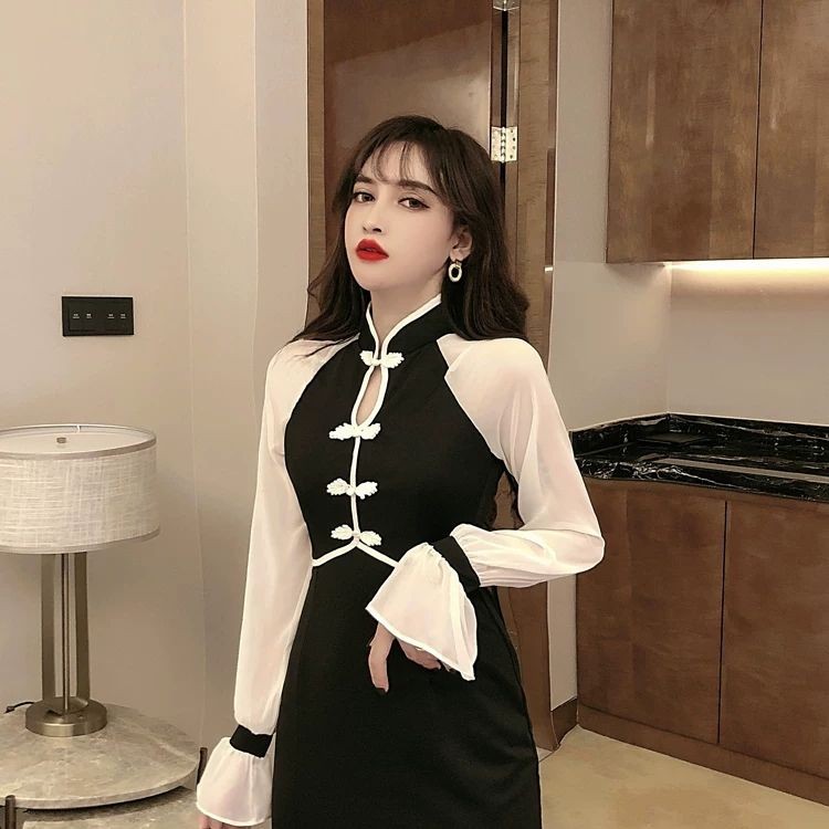 XƯỜN XÁM TRUNG HOA TAY DÀI TRẮNG ĐEN