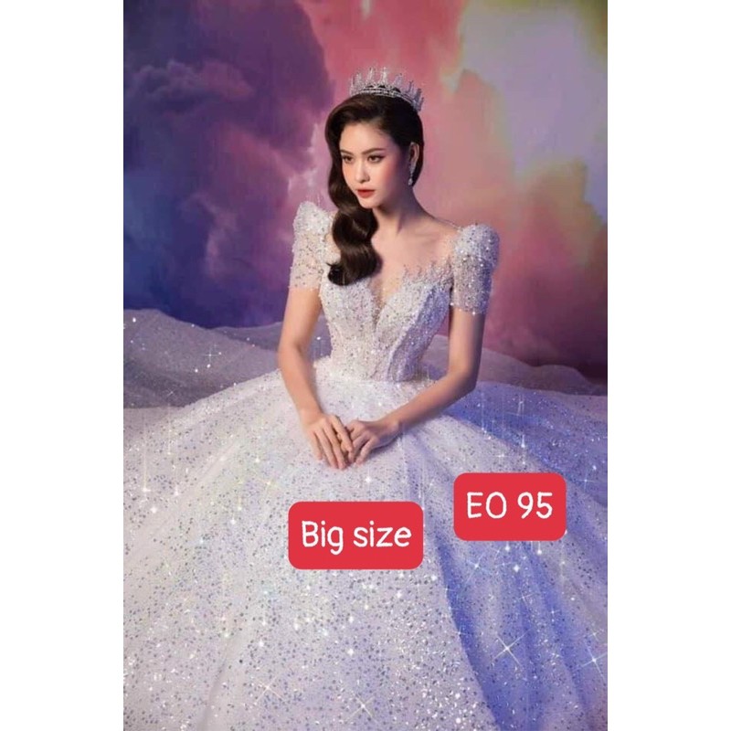 áo cưới big size eo 85 màu trắng kim sa dây cột thắt lưng tùng cao cấp