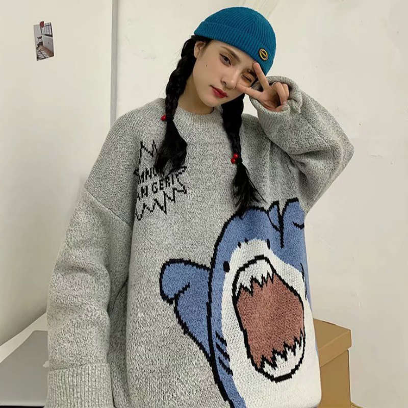 Áo Sweater Tay Dài Dáng Rộng In Hình Họa Tiết Cá Mập Thời Trang Unisex