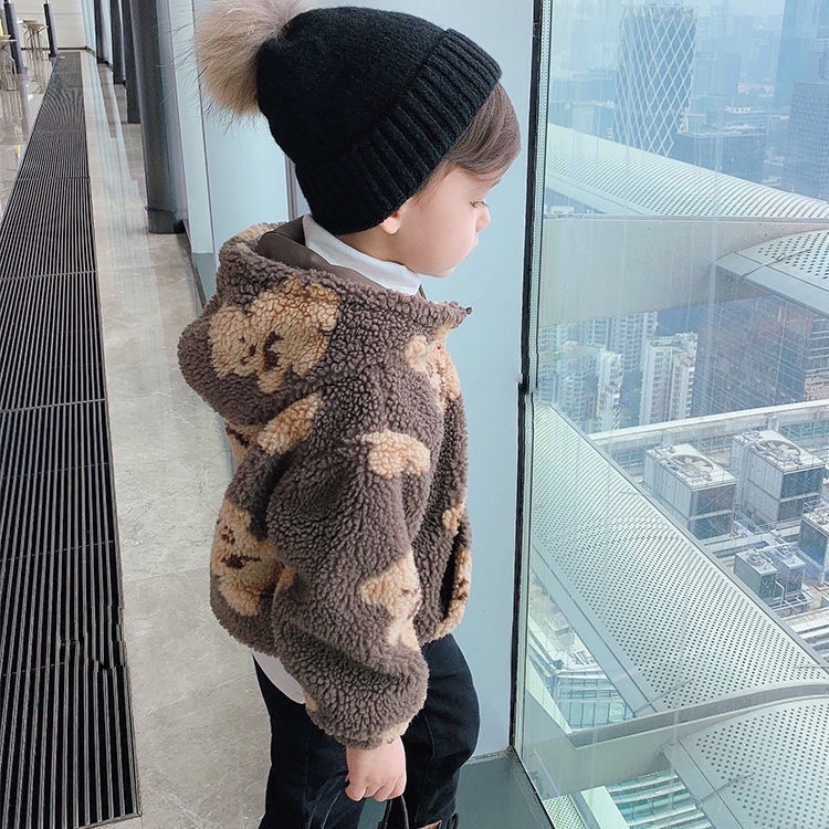 Áo dạ lông có mũ hoạ tiết gấu nâu cho bé trai &amp; bé gái (Cao 90-130cm, nặng 10-25kg) N00910