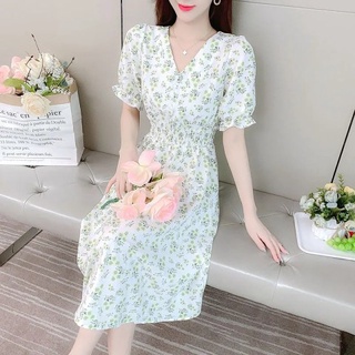 Đầm Chiffon Chữ a Cổ V Lưng Cao Dáng Ôm In Họa Tiết Ngọt Ngào Thời Trang Mùa Hè Cho Nữ