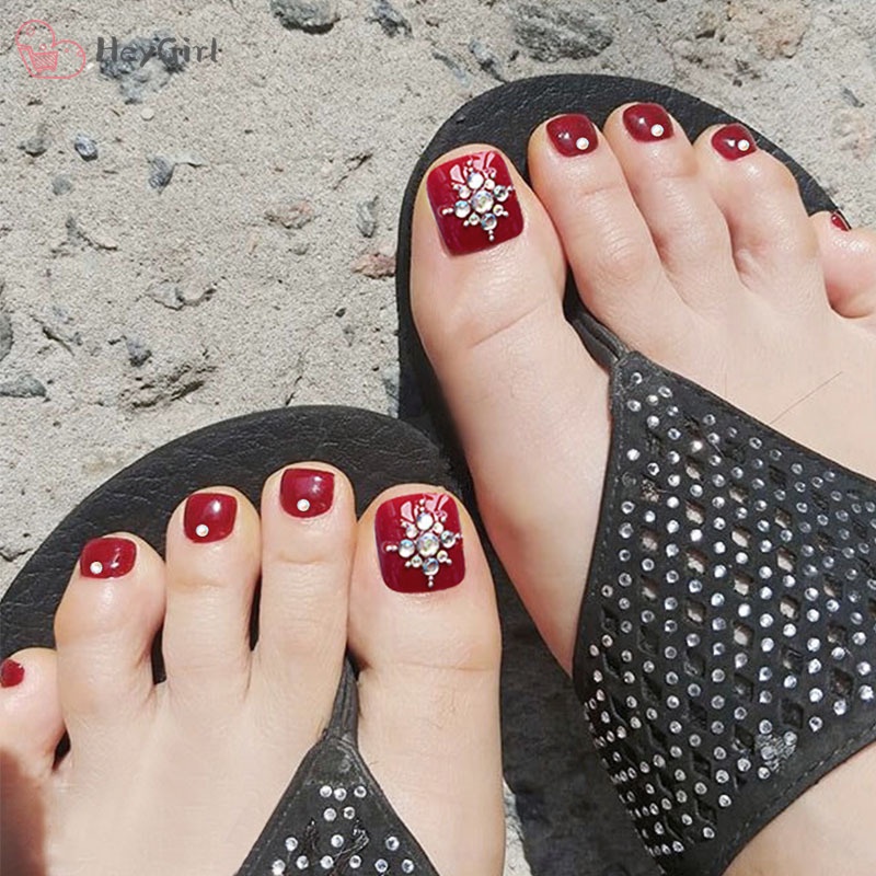 Set 24 móng chân giả khảm đá quý màu đỏ rượu vang kiểu ngắn nghệ thuật hợp thời trang