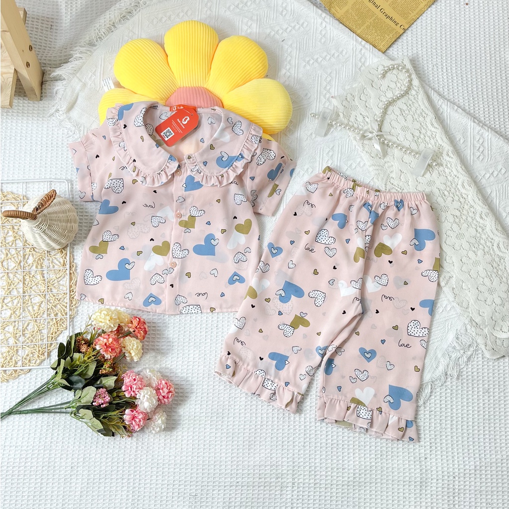 Bộ Ngủ Lụa Bé Gái, Bộ Pijama Lụa Mango Cộc Tay Quần Ngố Cổ Bèo Từ 13-35kg - Boody - BPN40