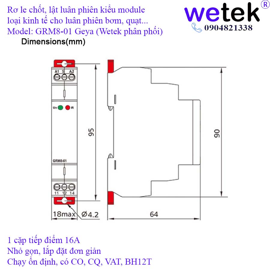 Rơ le chốt  2 bơm, GRM8-01, hàng rẻ, chạy cực ổn định, bảo hành 12 tháng, Geya, 1 cặp 1 tiếp điểm, rộng 18mm