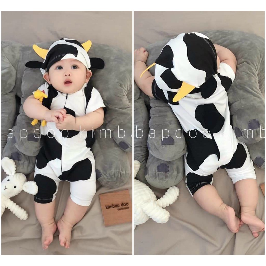 Bộ Bodysuit Đùi Liền Nón Dây Kéo Cao Cấp Hình Bò Sữa Cho Bé - BDSDUILIENNON_BOSUA