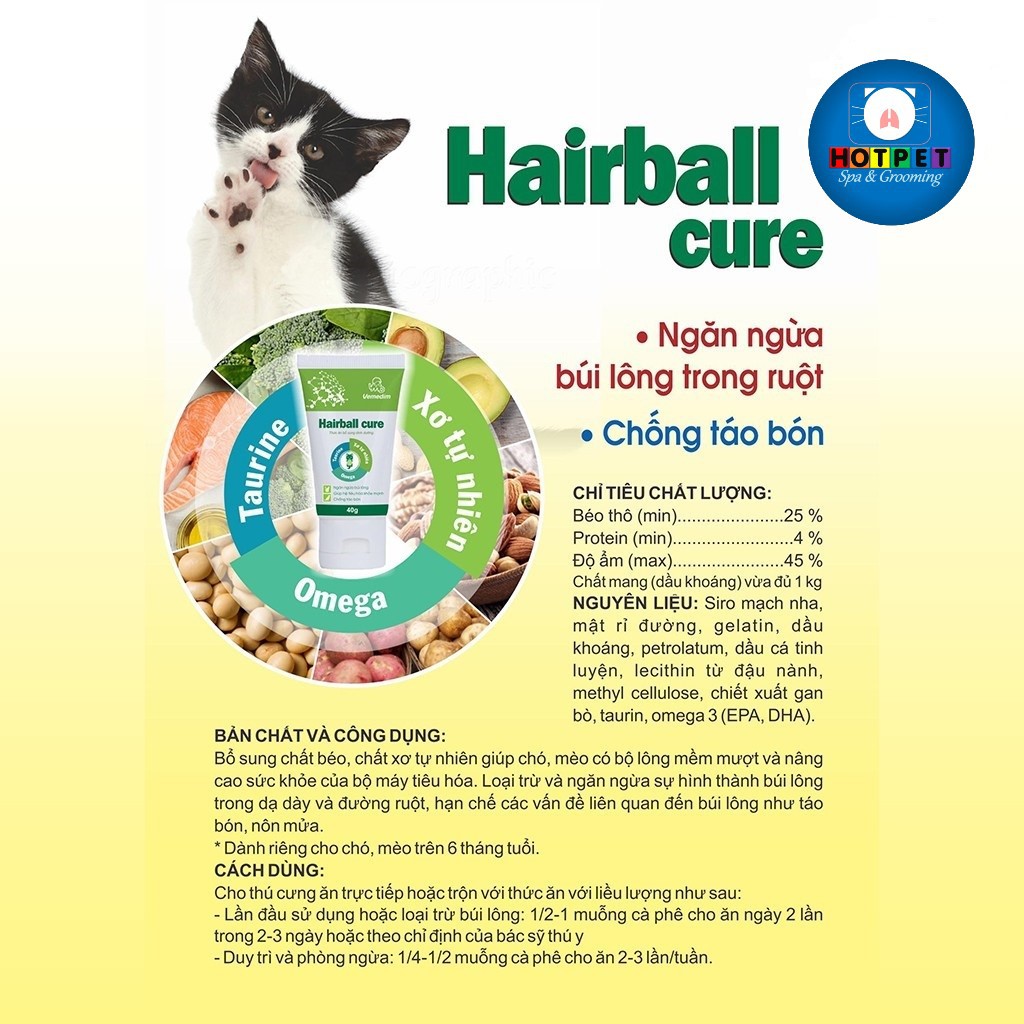 HAIRBALL CURE - GEL HỖ TRỢ TIÊU BÚI LÔNG CHO CHÓ MÈO [40g]